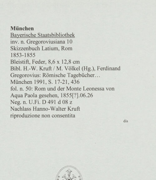 Rückseite von Bibliotheca Hertziana [https://www.deutsche-digitale-bibliothek.de/content/lizenzen/rv-ez/] Skizzenbuch Latium, RomRom und der Monte Leonessa von Acqua Paola gesehen - , bh569059_recto. Foto.