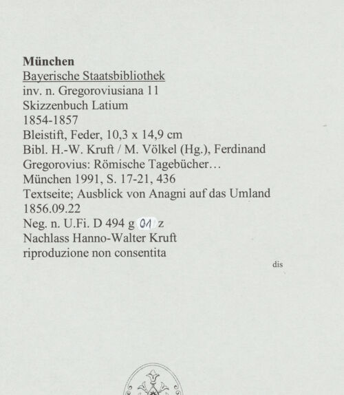 Rückseite von Bibliotheca Hertziana [https://www.deutsche-digitale-bibliothek.de/content/lizenzen/rv-ez/] Skizzenbuch LatiumTextseite; Ausblick von Anagni auf das Umland - , bh569074_recto. Foto.