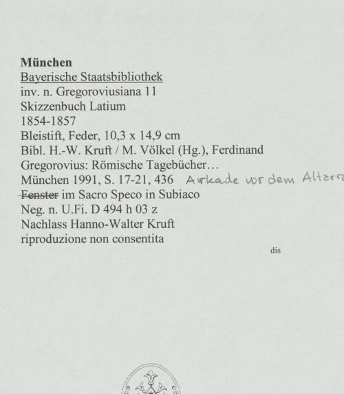 Rückseite von Bibliotheca Hertziana [https://www.deutsche-digitale-bibliothek.de/content/lizenzen/rv-ez/] Skizzenbuch LatiumArkade vor dem Altarraum im Sacro Speco in Subiaco - , bh569076_recto. Foto.