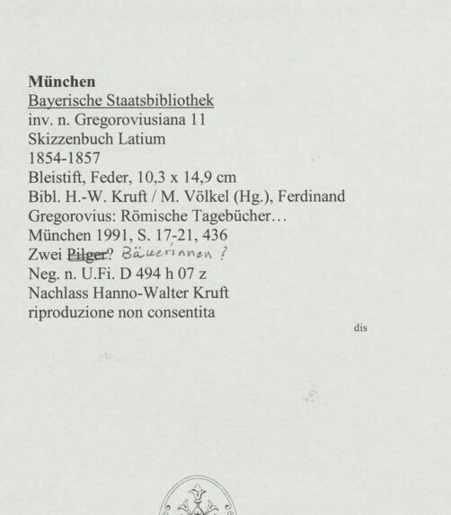 Rückseite von Bibliotheca Hertziana [https://www.deutsche-digitale-bibliothek.de/content/lizenzen/rv-ez/] Skizzenbuch LatiumZwei Bäuerinnen? - , bh569078_recto. Foto.