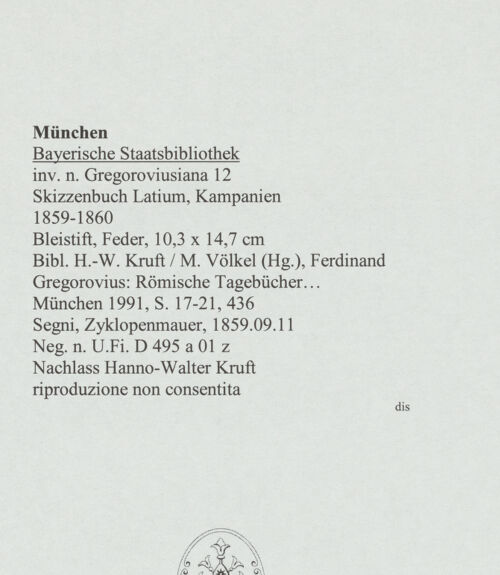 Rückseite von Bibliotheca Hertziana [https://www.deutsche-digitale-bibliothek.de/content/lizenzen/rv-ez/] Skizzenbuch Latium, KampanienSegni, Zyklopenmauer - , bh569079_recto. Foto.