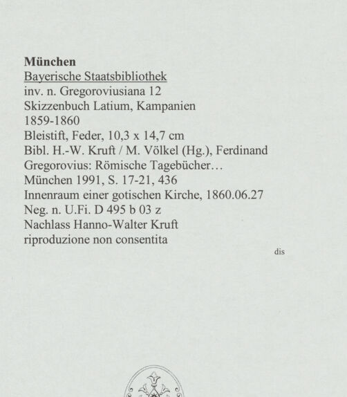 Rückseite von Bibliotheca Hertziana [https://www.deutsche-digitale-bibliothek.de/content/lizenzen/rv-ez/] Skizzenbuch Latium, KampanienFerentino, Santa Maria Maggiore, Innenraum - , bh569084_recto. Foto.
