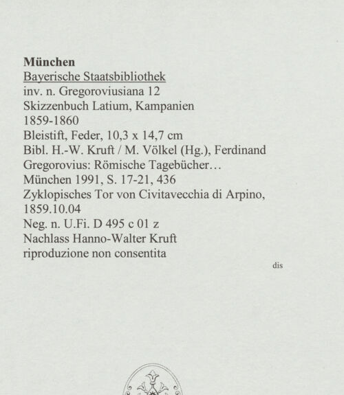 Rückseite von Bibliotheca Hertziana [https://www.deutsche-digitale-bibliothek.de/content/lizenzen/rv-ez/] Skizzenbuch Latium, KampanienCivitavecchia di Arpino (Acropoli di Arpino), Zyklopisches Tor - , bh569085_recto. Foto.