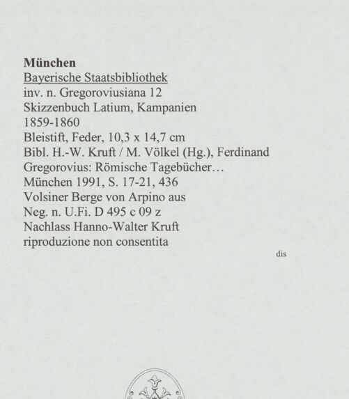 Rückseite von Bibliotheca Hertziana [https://www.deutsche-digitale-bibliothek.de/content/lizenzen/rv-ez/] Skizzenbuch Latium, KampanienVolsiner Berge von Arpino aus - , bh569086_recto. Foto.