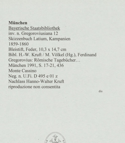 Rückseite von Bibliotheca Hertziana [https://www.deutsche-digitale-bibliothek.de/content/lizenzen/rv-ez/] Skizzenbuch Latium, KampanienMontecassino - , bh569088_recto. Foto.