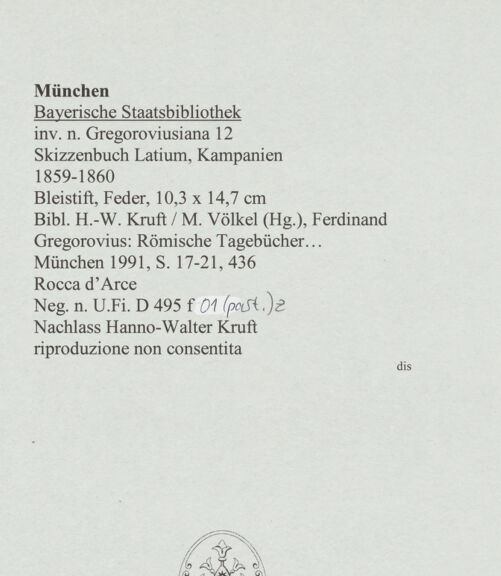 Rückseite von Bibliotheca Hertziana [https://www.deutsche-digitale-bibliothek.de/content/lizenzen/rv-ez/] Skizzenbuch Latium, KampanienRocca d'Arce - rechts, bh569091_recto. Foto.
