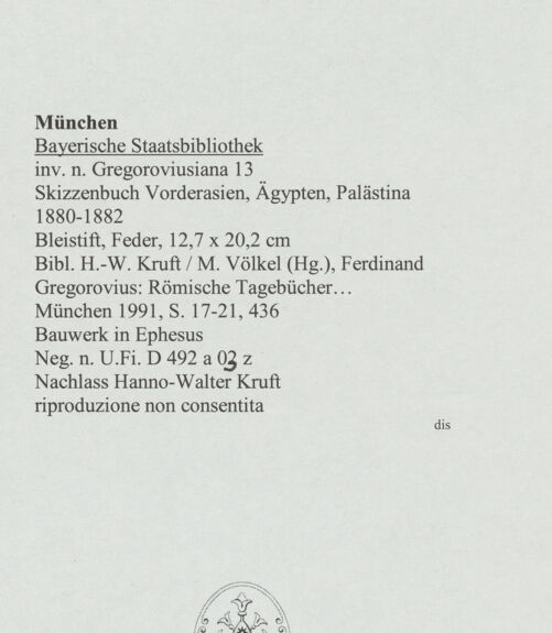 Rückseite von Bibliotheca Hertziana [https://www.deutsche-digitale-bibliothek.de/content/lizenzen/rv-ez/] Skizzenbuch Vorderasien, Ägypten, PalästinaEphesos (Selçuk bei Izmir, Isa Bey Moschee) - , bh569095_recto. Foto.