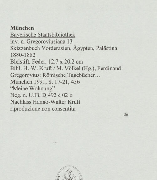 Rückseite von Bibliotheca Hertziana [https://www.deutsche-digitale-bibliothek.de/content/lizenzen/rv-ez/] Skizzenbuch Vorderasien, Ägypten, PalästinaJerusalem, "Meine Wohnung" - , bh569096_recto. Foto.