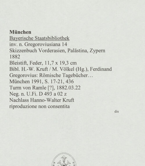 Rückseite von Bibliotheca Hertziana [https://www.deutsche-digitale-bibliothek.de/content/lizenzen/rv-ez/] Skizzenbuch Vorderasien, Palästina, ZypernTurm von Ramla (die Weiße Moschee) - , bh569100_recto. Foto.