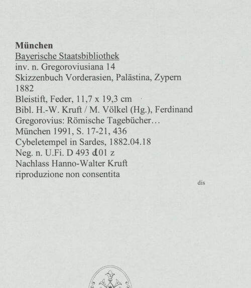 Rückseite von Bibliotheca Hertziana [https://www.deutsche-digitale-bibliothek.de/content/lizenzen/rv-ez/] Skizzenbuch Vorderasien, Palästina, ZypernSardes, Cybeletempel - , bh569103_recto. Foto.