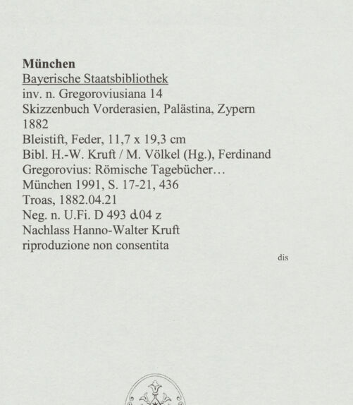 Rückseite von Bibliotheca Hertziana [https://www.deutsche-digitale-bibliothek.de/content/lizenzen/rv-ez/] Skizzenbuch Vorderasien, Palästina, ZypernTroas und Ida Berg - , bh569105_recto. Foto.