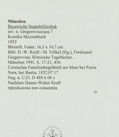 Rückseite von Bibliotheca Hertziana [https://www.deutsche-digitale-bibliothek.de/content/lizenzen/rv-ez/] Korsika-SkizzenbuchCorsisches Familienbegräbniß am Meer bei Pietra Nera, bei Bastia - , bh569121_recto. Foto.