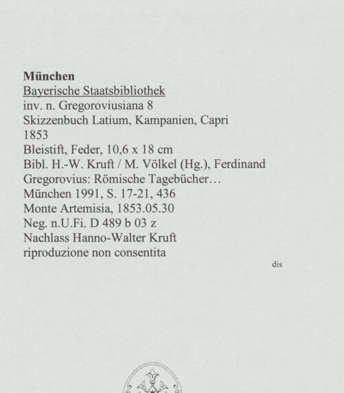 Rückseite von Bibliotheca Hertziana [https://www.deutsche-digitale-bibliothek.de/content/lizenzen/rv-ez/] Skizzenbuch Latium, Kampanien, CapriMonte Artemisia - , bh569143_recto. Foto.