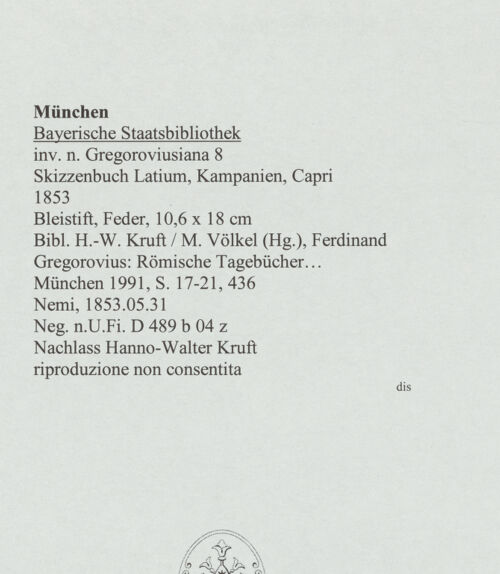 Rückseite von Bibliotheca Hertziana [https://www.deutsche-digitale-bibliothek.de/content/lizenzen/rv-ez/] Skizzenbuch Latium, Kampanien, CapriNemi - , bh569145_recto. Foto.