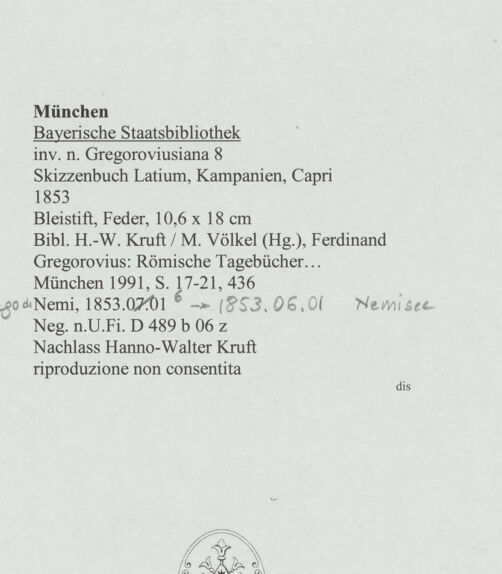 Rückseite von Bibliotheca Hertziana [https://www.deutsche-digitale-bibliothek.de/content/lizenzen/rv-ez/] Skizzenbuch Latium, Kampanien, CapriNemisee (Lago di Nemi) - , bh569146_recto. Foto.