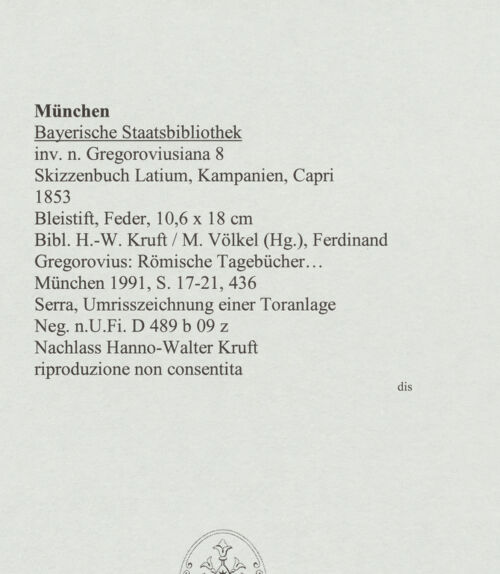 Rückseite von Bibliotheca Hertziana [https://www.deutsche-digitale-bibliothek.de/content/lizenzen/rv-ez/] Skizzenbuch Latium, Kampanien, CapriSerra, Umrisszeichnung einer Toranlage - , bh569149_recto. Foto.