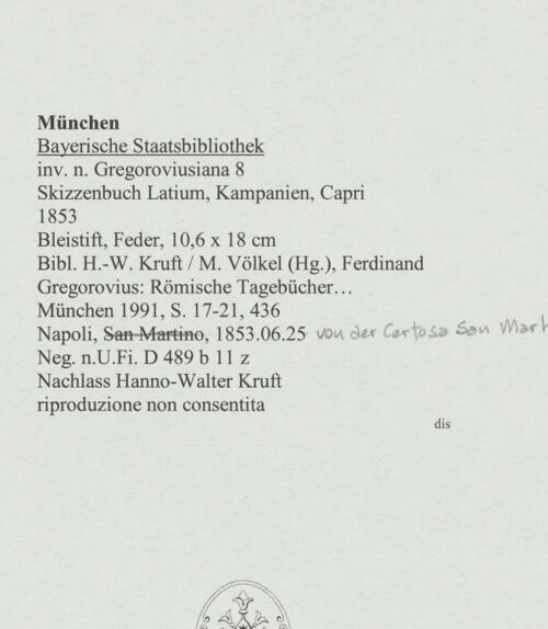 Rückseite von Bibliotheca Hertziana [https://www.deutsche-digitale-bibliothek.de/content/lizenzen/rv-ez/] Skizzenbuch Latium, Kampanien, CapriNeapel von der Certosa San Martino aus gesehen - , bh569150_recto. Foto.