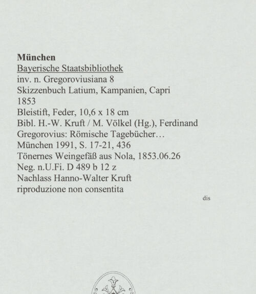 Rückseite von Bibliotheca Hertziana [https://www.deutsche-digitale-bibliothek.de/content/lizenzen/rv-ez/] Skizzenbuch Latium, Kampanien, CapriTönernes Weingefäß aus Nola - , bh569151_recto. Foto.