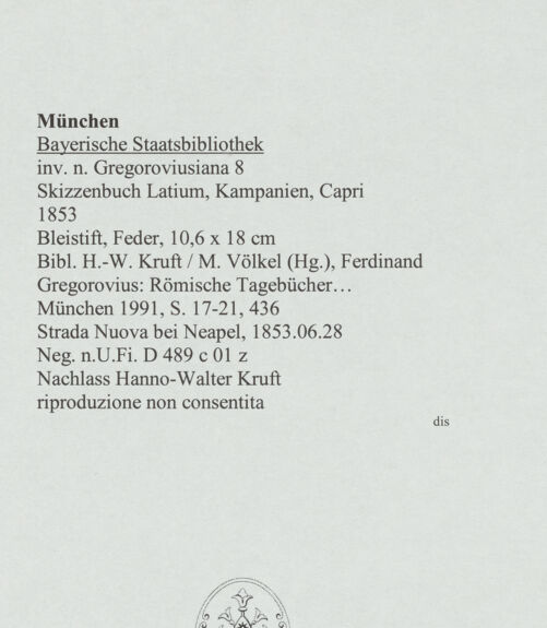 Rückseite von Bibliotheca Hertziana [https://www.deutsche-digitale-bibliothek.de/content/lizenzen/rv-ez/] Skizzenbuch Latium, Kampanien, CapriStrada Nuova bei Neapel - , bh569152_recto. Foto.
