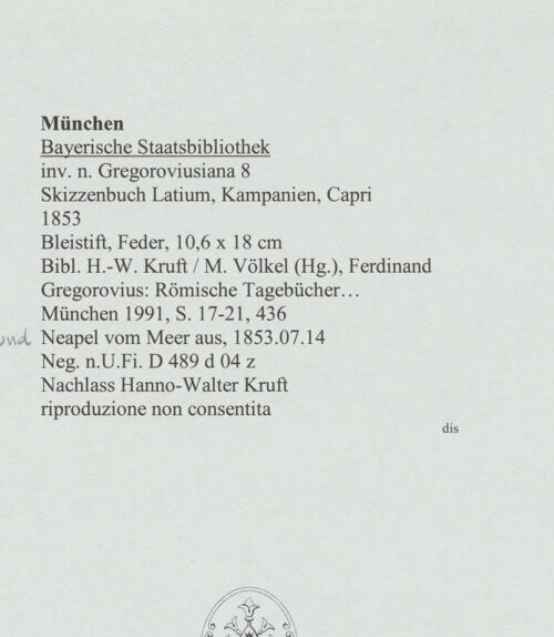 Rückseite von Bibliotheca Hertziana [https://www.deutsche-digitale-bibliothek.de/content/lizenzen/rv-ez/] Skizzenbuch Latium, Kampanien, CapriVesuvio (und Golf von Neapel) von Santa Lucia aus gesehen - , bh569162_recto. Foto.