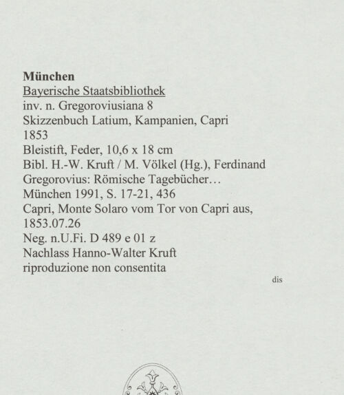 Rückseite von Bibliotheca Hertziana [https://www.deutsche-digitale-bibliothek.de/content/lizenzen/rv-ez/] Skizzenbuch Latium, Kampanien, CapriCapri, Monte Solaro vom Tor v. Capri aus - , bh569166_recto. Foto.