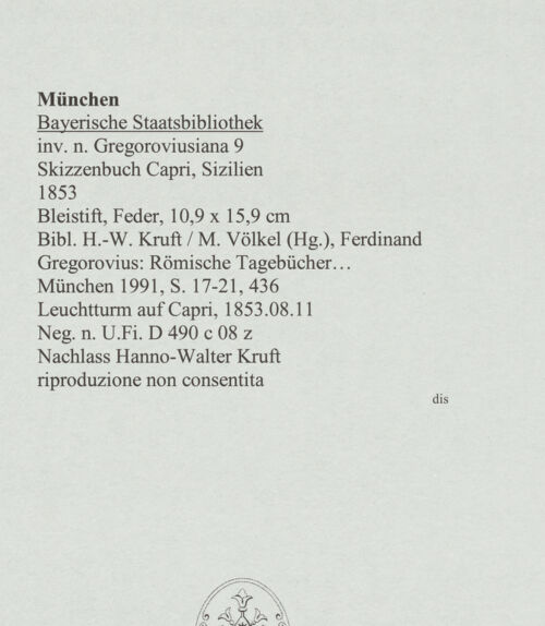 Rückseite von Bibliotheca Hertziana [https://www.deutsche-digitale-bibliothek.de/content/lizenzen/rv-ez/] Skizzenbuch Capri, SizilienLeuchtturm auf Capri - , bh569178_recto. Foto.