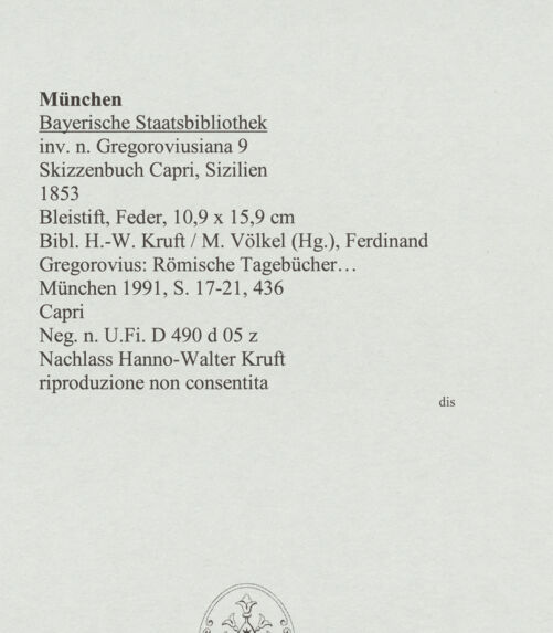 Rückseite von Bibliotheca Hertziana [https://www.deutsche-digitale-bibliothek.de/content/lizenzen/rv-ez/] Skizzenbuch Capri, SizilienCapri - , bh569183_recto. Foto.