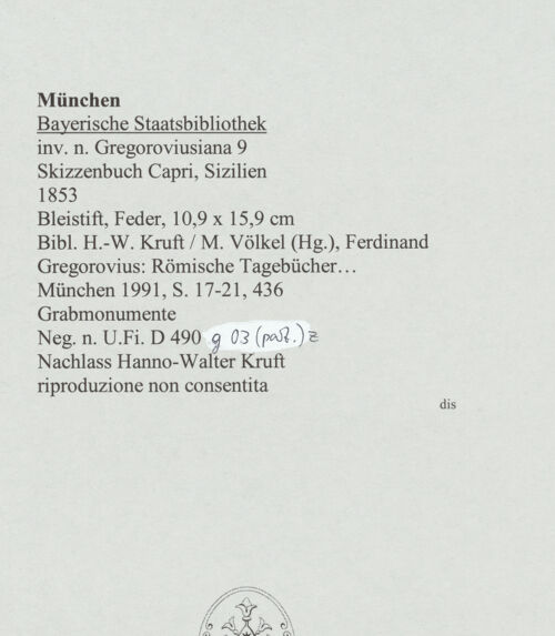Rückseite von Bibliotheca Hertziana [https://www.deutsche-digitale-bibliothek.de/content/lizenzen/rv-ez/] Skizzenbuch Capri, SizilienGrabmonumente - , bh569190_recto. Foto.