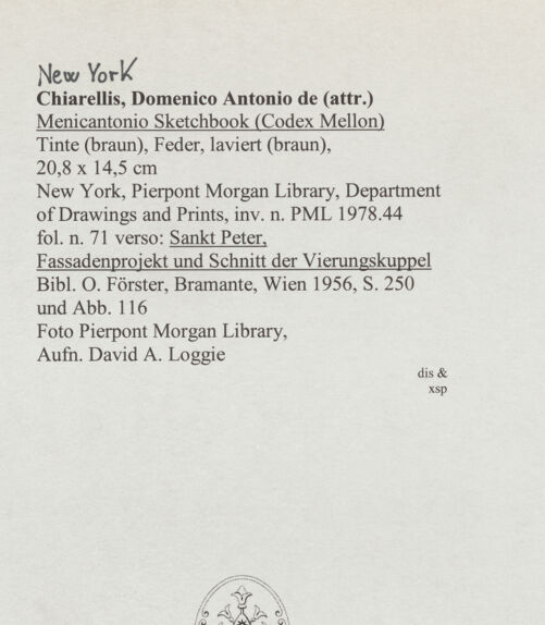 Rückseite von Pierpont Morgan Library [https://www.deutsche-digitale-bibliothek.de/content/lizenzen/rv-ez/] Codex Mellon (Sketchbook of Menicantonio)Rom, Sankt Peter (Fassadenprojekt und Schnitt durch die Vierungskuppel; Schnitt durch den westlichen Chorarm und seinen Umgang)Sankt Peter, Fassadenprojekt und Schnitt der Vierungskuppel - , bh569829_recto. Foto: Loggie, David A..
