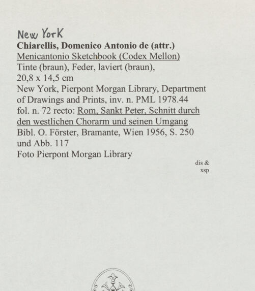 Rückseite von Pierpont Morgan Library [https://www.deutsche-digitale-bibliothek.de/content/lizenzen/rv-ez/] Codex Mellon (Sketchbook of Menicantonio)Rom, Sankt Peter (Fassadenprojekt und Schnitt durch die Vierungskuppel; Schnitt durch den westlichen Chorarm und seinen Umgang)Rom, Sankt Peter, Schnitt durch den westlichen Chorarm und seinen Umgang - , bh569830_recto. Foto.