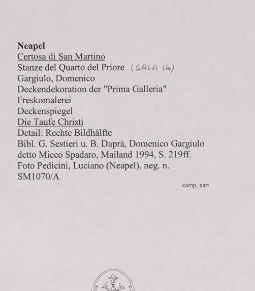 Rückseite von Pedicini, Luciano [https://www.deutsche-digitale-bibliothek.de/content/lizenzen/rv-ez/] Saal 14Die Taufe Christi - Detail: Rechte Bildhälfte, bh570627_recto. Foto: Pedicini, Luciano.