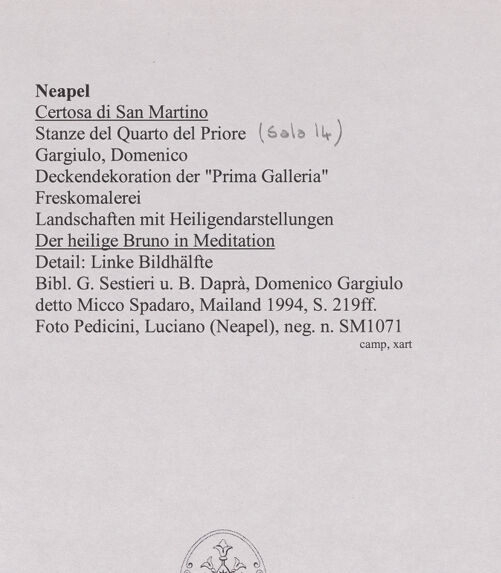 Rückseite von Pedicini, Luciano [https://www.deutsche-digitale-bibliothek.de/content/lizenzen/rv-ez/] Saal 14Landschaft mit dem heiligen Bruno in Meditation - Detail: Linke Bildhälfte, bh570629_recto. Foto: Pedicini, Luciano.