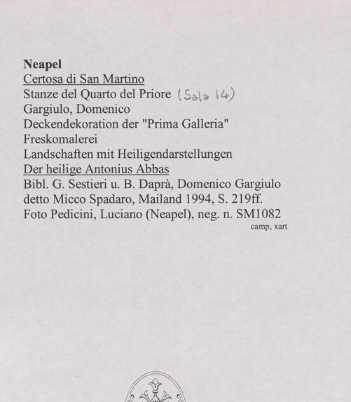 Rückseite von Pedicini, Luciano [https://www.deutsche-digitale-bibliothek.de/content/lizenzen/rv-ez/] Saal 14Landschaft mit dem heiligen Antonius Abbas - Gesamtansicht, bh570631_recto. Foto: Pedicini, Luciano.