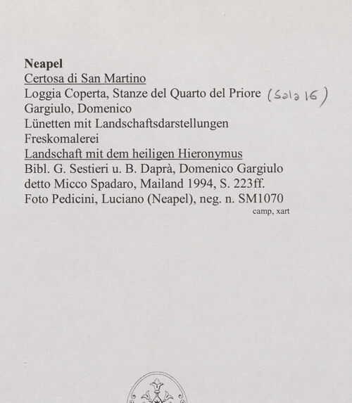 Rückseite von Pedicini, Luciano [https://www.deutsche-digitale-bibliothek.de/content/lizenzen/rv-ez/] Saal 16Landschaft mit dem heiligen Hieronymus - Gesamtansicht, bh570632_recto. Foto: Pedicini, Luciano.