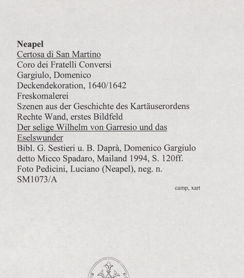 Rückseite von Pedicini, Luciano [https://www.deutsche-digitale-bibliothek.de/content/lizenzen/rv-ez/] Ausmalung des KonversenchorsSzenen aus der Geschichte des KartäuserordensDer selige Wilhelm von Garresio und das Eselswunder - Gesamtansicht, bh570636_recto. Foto: Pedicini, Luciano.