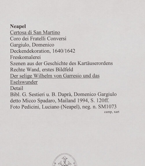 Rückseite von Pedicini, Luciano [https://www.deutsche-digitale-bibliothek.de/content/lizenzen/rv-ez/] Ausmalung des KonversenchorsSzenen aus der Geschichte des KartäuserordensDer selige Wilhelm von Garresio und das Eselswunder - Detail: Eselswunder, bh570637_recto. Foto: Pedicini, Luciano.