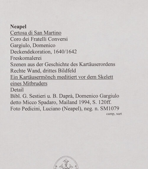 Rückseite von Pedicini, Luciano [https://www.deutsche-digitale-bibliothek.de/content/lizenzen/rv-ez/] Ausmalung des KonversenchorsSzenen aus der Geschichte des KartäuserordensEin Kartäusermönch meditiert vor dem Skelett eines Mitbruders (zwischen Aufstieg und Befreiung Petri) - Detail: Meditierender Kartäusermönch, bh570639_recto. Foto: Pedicini, Luciano.