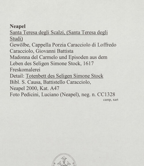 Rückseite von Pedicini, Luciano [https://www.deutsche-digitale-bibliothek.de/content/lizenzen/rv-ez/] Madonna del Carmelo und Episoden der Geschichte des KarmeliterordensEpisoden aus dem Leben des Seligen Simone Stock oder Episoden aus der Geschichte des Karmeliterordens - Szene aus der Geschichte des Karmeliterordens: Totenbett des Seligen Simone Stock (?), bh570652_recto. Foto: Pedicini, Luciano.