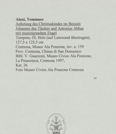 Rückseite von Museo Civico Ala Ponzone Cremona [https://www.deutsche-digitale-bibliothek.de/content/lizenzen/rv-ez/] Anbetung des Christuskindes im Beisein Johannes des Täufers und Antonius Abbas mit musizierendem Engel - , bh570975_recto. Foto.