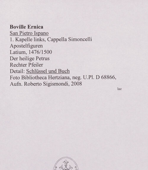 Rückseite von Bibliotheca Hertziana [http://creativecommons.org/licenses/by-nc-sa/4.0/] Ausstattung der Cappella SimoncelliZwei ApostelfigurenHeiliger Petrus - Detail: Schlüssel und Buch, bh572202_recto. Foto: Sigismondi, Roberto.