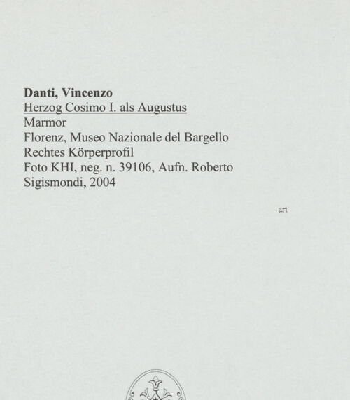 Rückseite von Kunsthistorisches Institut in Florenz [http://creativecommons.org/licenses/by-nc-sa/4.0/] Herzog Cosimo I. als Augustus - Rechtes Körperprofil, bh572370_recto. Foto: Sigismondi, Roberto.