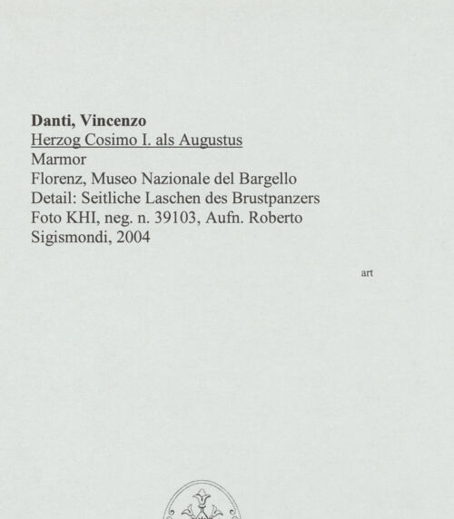 Rückseite von Kunsthistorisches Institut in Florenz [http://creativecommons.org/licenses/by-nc-sa/4.0/] Herzog Cosimo I. als Augustus - Detail: Seitliche Laschen des Brustpanzers, bh572374_recto. Foto: Sigismondi, Roberto.