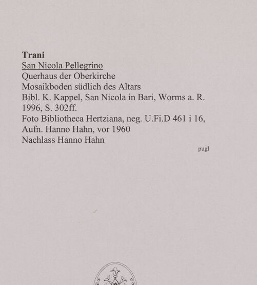 Rückseite von Bibliotheca Hertziana [https://www.deutsche-digitale-bibliothek.de/content/lizenzen/rv-fz/] Fußbodenmosaik mit dem Sündenfall, Alexander dem Großen, Zentaur und Tieren - Mosaikboden südlich des Altars (Tiere und Zentaur), bh572960_recto. Foto: Hahn, Hanno.