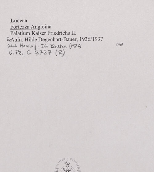 Rückseite von Bibliotheca Hertziana [https://www.deutsche-digitale-bibliothek.de/content/lizenzen/rv-fz/] Fortezza AngioinaPalast Friedrichs II. - Ansicht von Süden, bh573789_recto. Foto: Haseloff, Arthur.