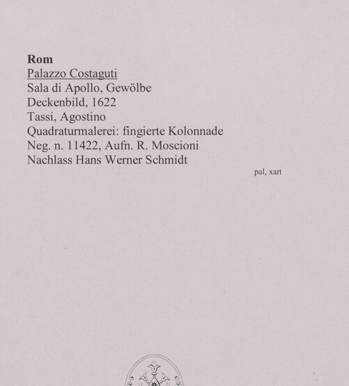 Rückseite von Vatikan, Monumenti, Musei e Gallerie Pontificie? [https://www.deutsche-digitale-bibliothek.de/content/lizenzen/rv-ez/] Apoll auf dem Sonnenwagen und Chronos mit VeritasRahmenarchitektur: Fingierte Kolonnade - Fingierte Kolonnade und Putten mit den Attributen des Herkules (Domenichino), bh574438_recto. Foto: Moscioni, Romualdo.