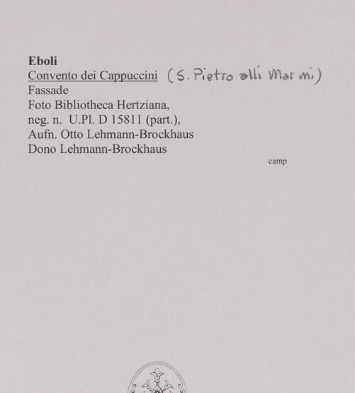 Rückseite von Bibliotheca Hertziana [https://www.deutsche-digitale-bibliothek.de/content/lizenzen/rv-fz/] San Pietro alli Marmi - Campanile, Klosterkirche und Konvent von Süden, bh574565_recto. Foto: Lehmann-Brockhaus, Otto.