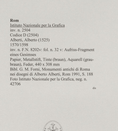 Rückseite von Istituto Nazionale per la Grafica [https://www.deutsche-digitale-bibliothek.de/content/lizenzen/rv-ez/] Codice D (2504)Aufriss-Fragment eines Gesimses - , bh575623_recto. Foto.