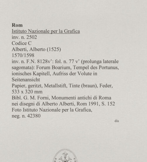 Rückseite von Istituto Nazionale per la Grafica [http://creativecommons.org/publicdomain/mark/1.0/] Codice C (2502)Forum Boarium, Tempel des Portunus, ionisches Kapitell, Aufriss der Volute in Seitenansicht - , bh575663_recto. Foto.