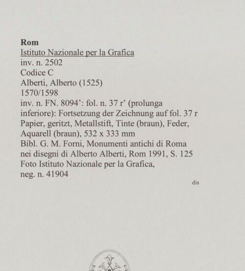 Rückseite von Istituto Nazionale per la Grafica [https://www.deutsche-digitale-bibliothek.de/content/lizenzen/rv-ez/] Codice C (2502)Fortsetzung der Zeichnung auf fol. 37 r [überprüfen] - , bh575862_recto. Foto.