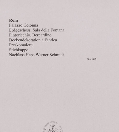 Rückseite von Bibliotheca Hertziana [https://www.deutsche-digitale-bibliothek.de/content/lizenzen/rv-fz/] Gewölbedekoration all'anticaGrotesken mit Kandelaber, Standartenträgern und Widdern - östliche Stichkappe der Nordseite, bh577297_recto. Foto.